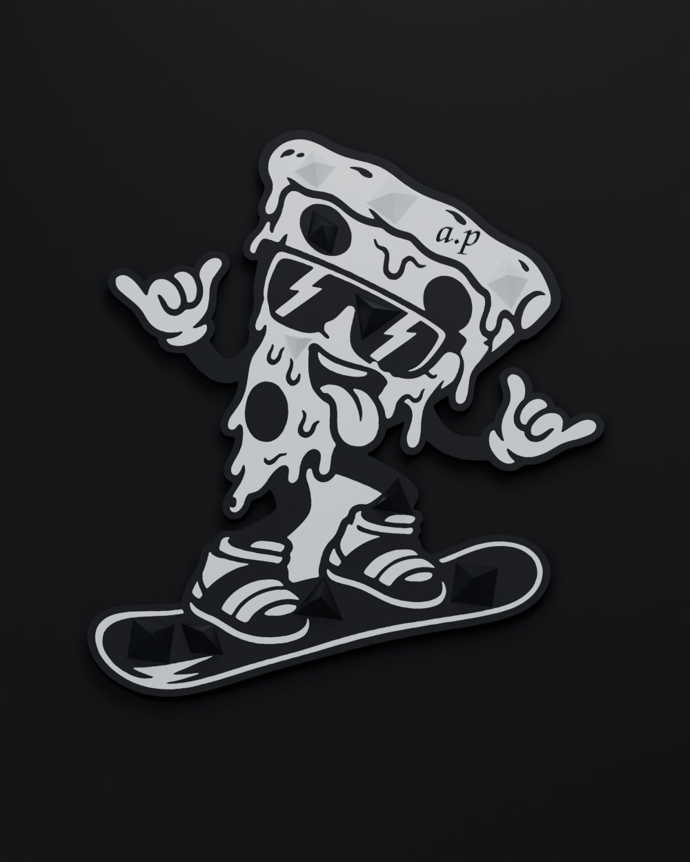 Чёрно-белый stomp pad Pizza Rider в форме пиццы на сноуборде, с пирамидальным рельефом