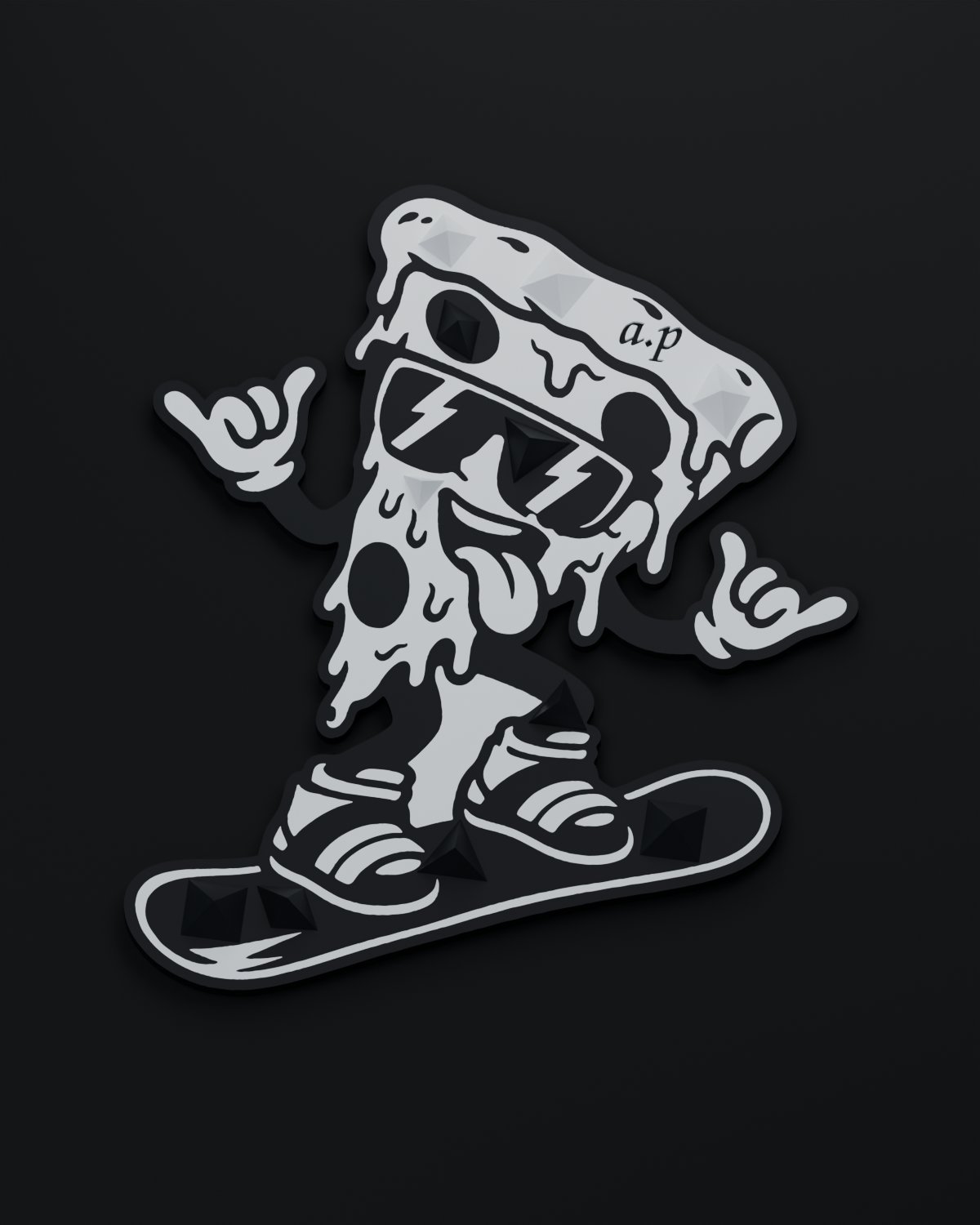 Чёрно-белый stomp pad Pizza Rider в форме пиццы на сноуборде, с пирамидальным рельефом
