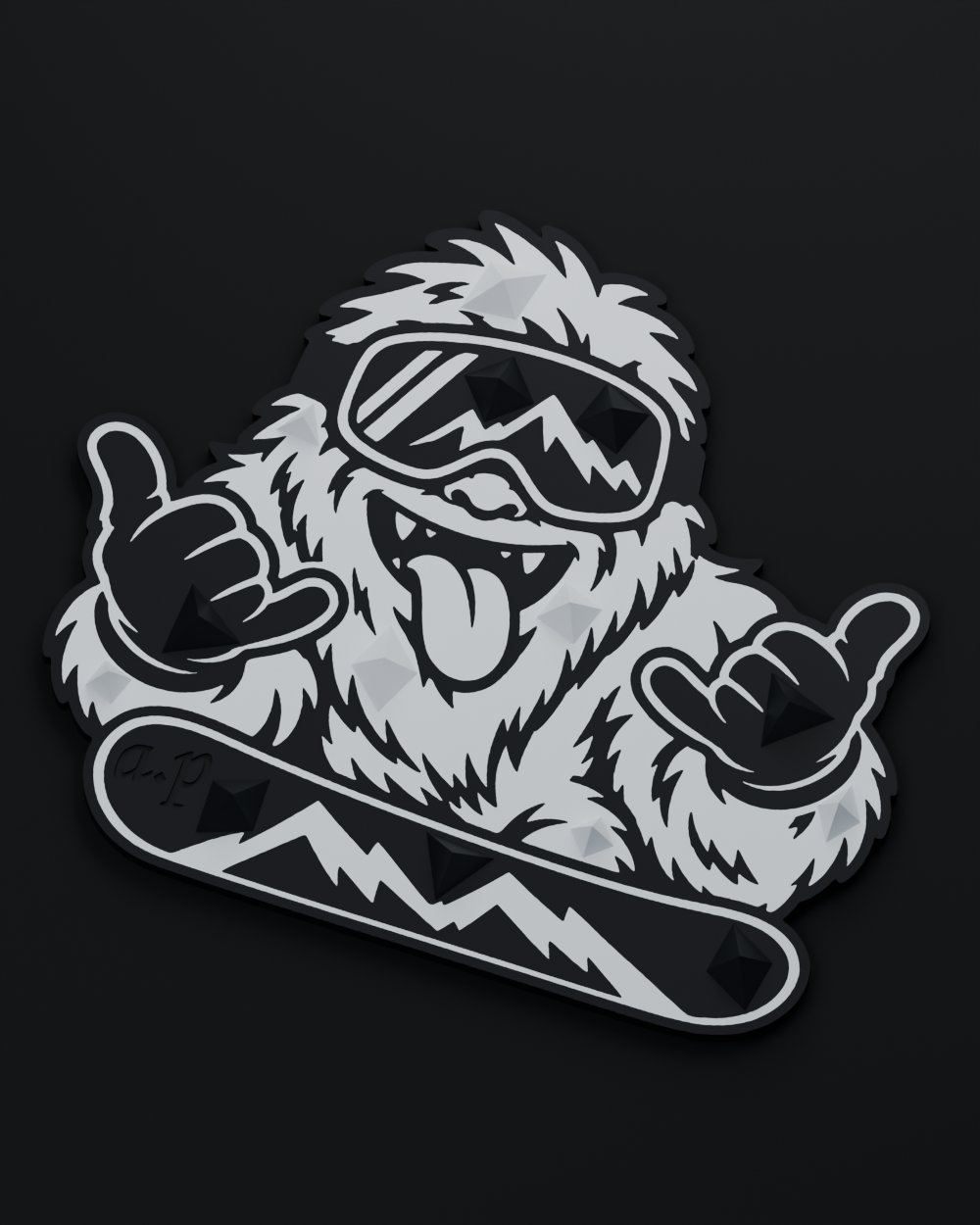 Чёрно-белый stomp pad Yeti Rider с лохматым йети в маске и руками shaka
